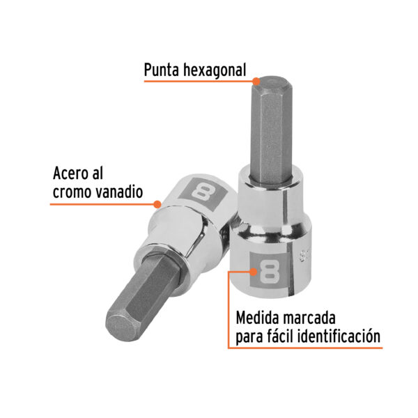 Dados de punta hexagonal, cuadro 3/8" de 8mm.