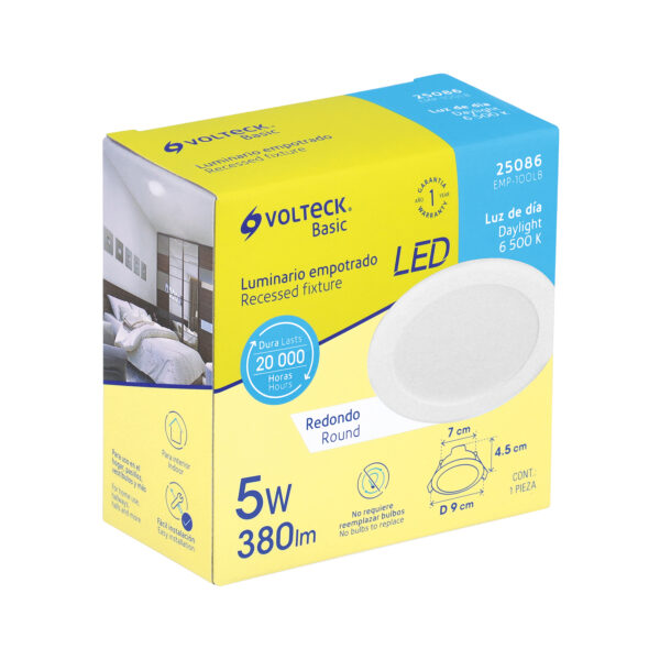 Luminario LED empotrado redondo, 5W, 6500K, Basic