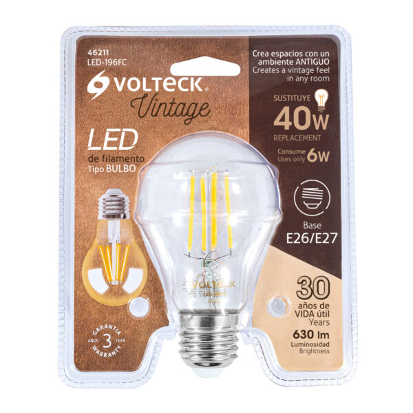 Lampara de LED, estilo antiguo, A19, 6 W, E26, luz calida