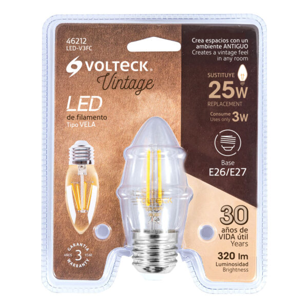 Lampara de LED, estilo antiguo, vela, 3 W, E26, luz calida