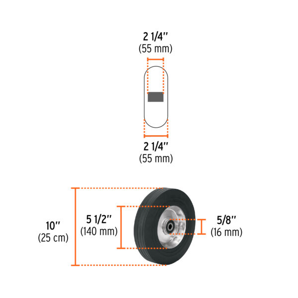 Rueda de hule solido 10" eje lateral doble balero