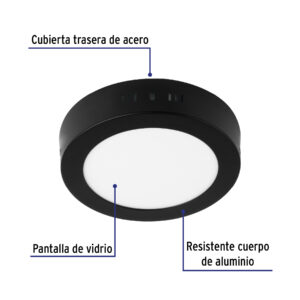 Luminario de LED 6 W redondo tipo plafon luz de dia, negro