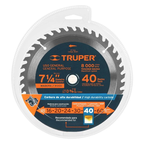 Disco sierra p/madera 7-1/4", 40 dientes, centro 5/8"