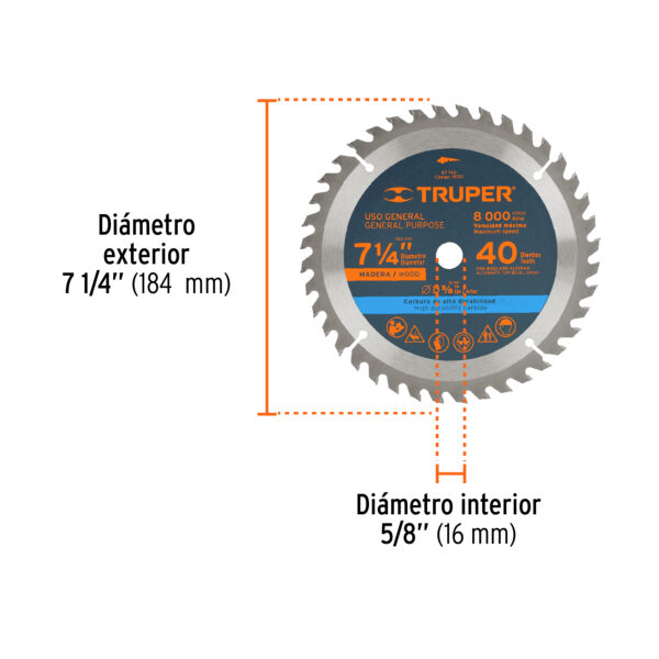 Disco sierra p/madera 7-1/4", 40 dientes, centro 5/8"