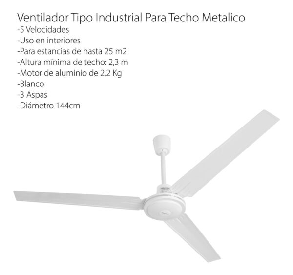 Ventilador de Techo Tipo Industrial Metalico Control 5 Velocidades