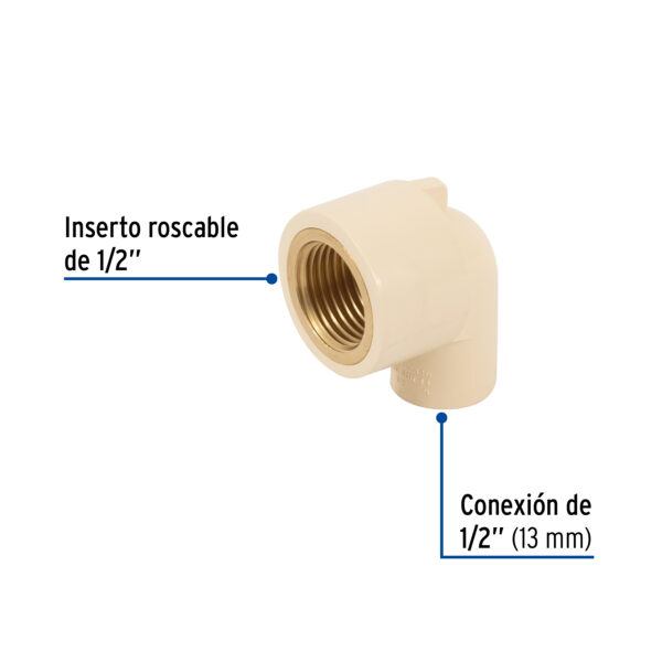 Codo pipa 90° CPVC inserto laton 1/2"