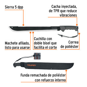 Machete doble filo, 18" con mango inyectado y funda