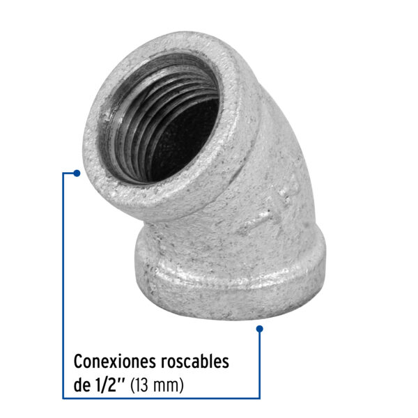 Codo 45°, acero galvanizado, 1/2"