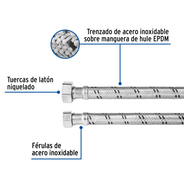 Manguera hule, 1/2", 80 cm, acero inoxidable, usos generales