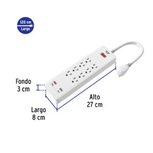 Multicontacto 8 entradas, 2 USB A + 2 USB C, blanco, VOLTECK