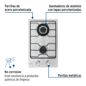 Parrilla gas empotrable 30cm, 2 quem, inox, esmalte, Foset