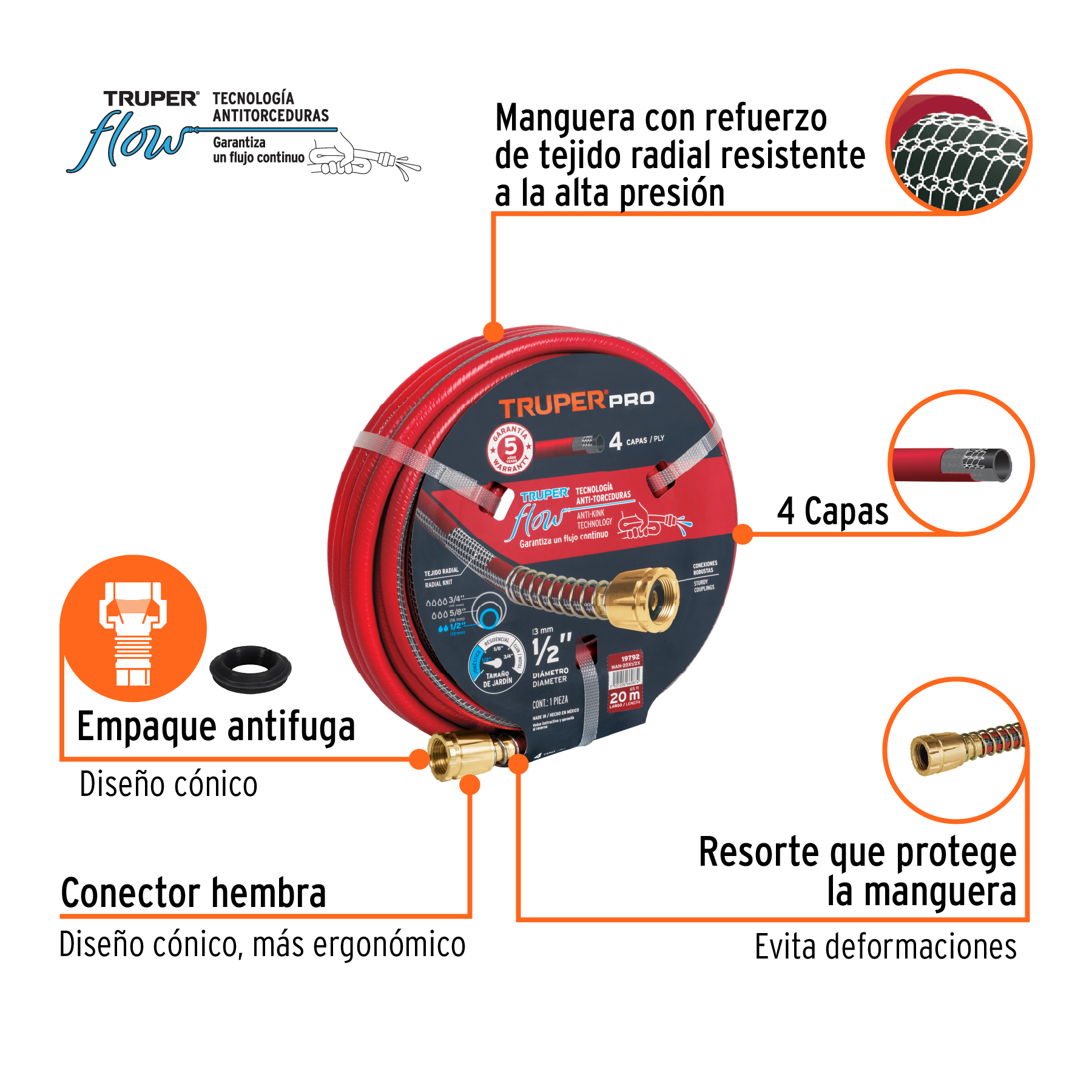 Manguera 1/2" super reforzada conexiones metal de 20m